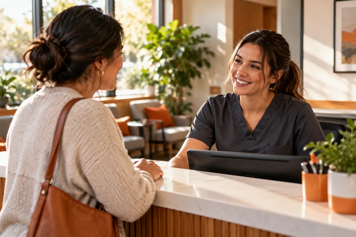 Clinic receptionist greeting an adult visitor at a community healthcare reception desk.