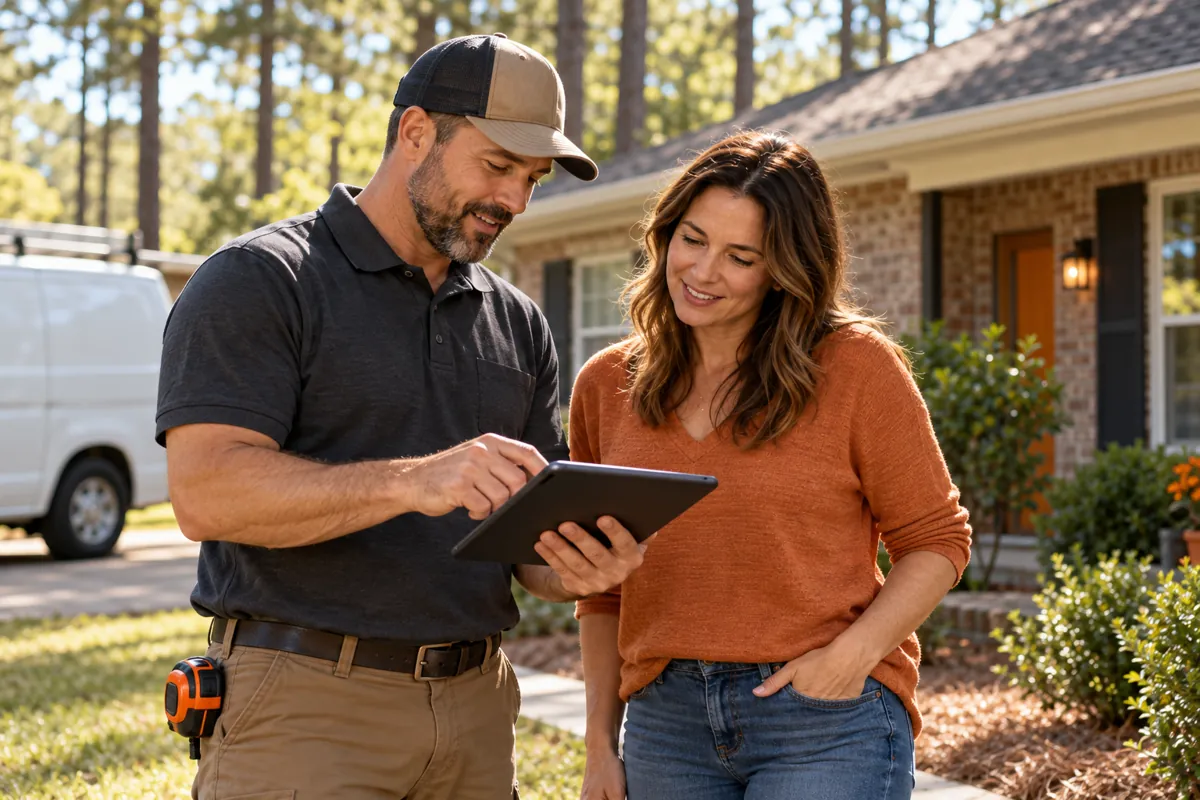 Home service contractor reviewing an estimate on a tablet with a homeowner beside a brick house.