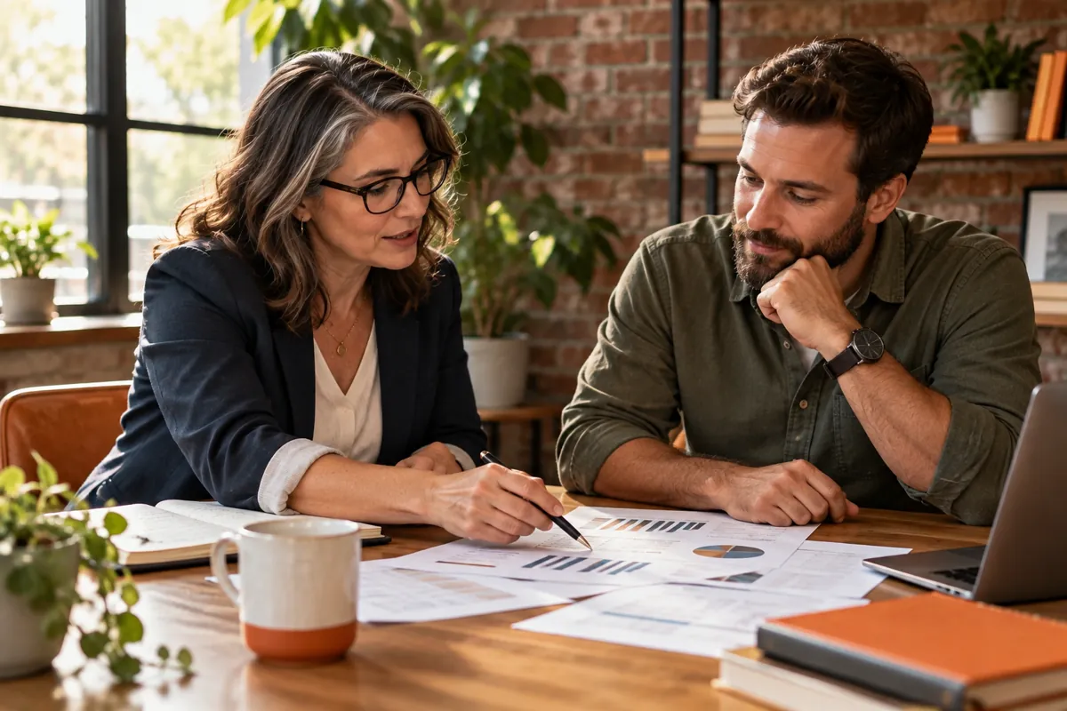 Professional adviser and small business owner reviewing documents together at an office table.