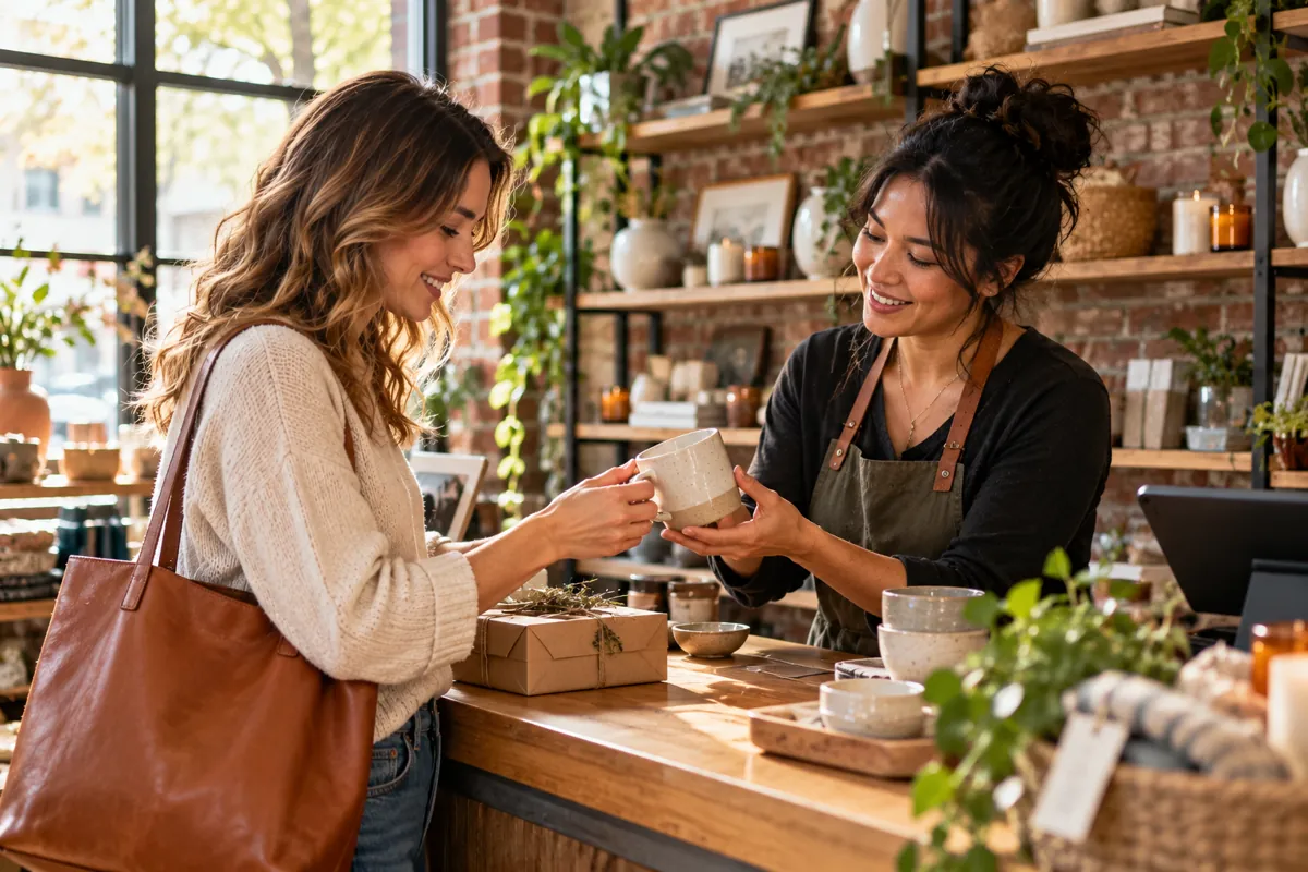 Local shop owner helping a customer at a counter surrounded by pottery and home goods.