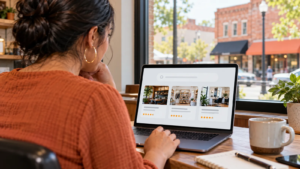 Concept image: Business owner reviewing a conversational search interface.