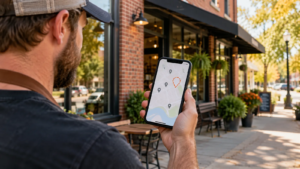 Concept image: Business owner checking a smartphone map outside a storefront.