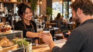 Concept image: Cafe owner and customer looking at a smartphone during a purchase.