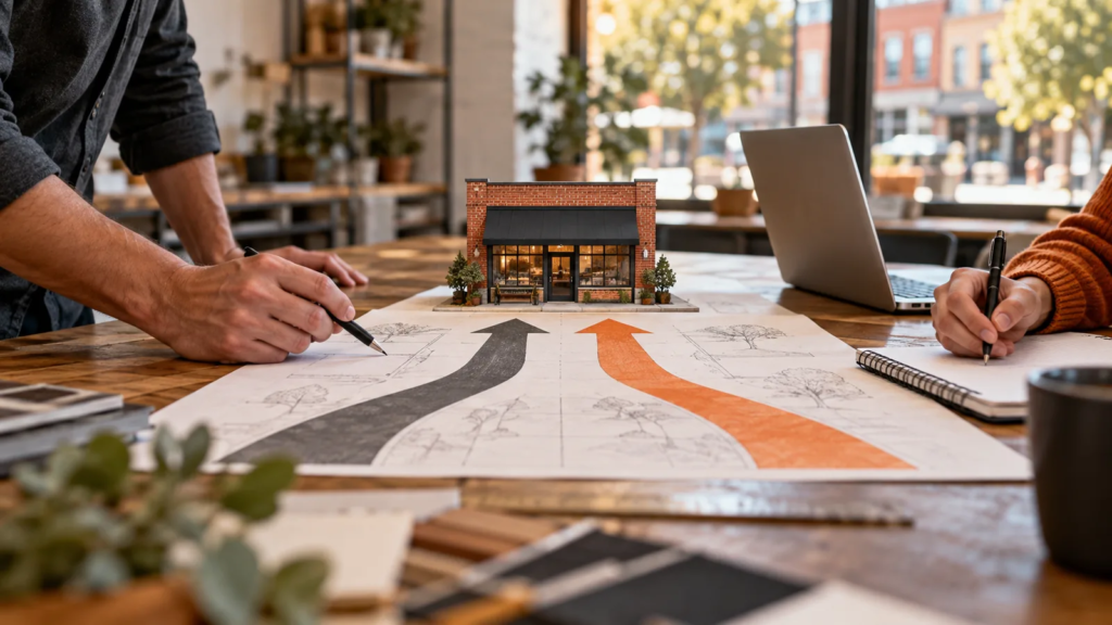 Concept image: Two paths on a planning sheet leading toward a model storefront.