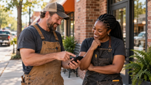 Concept image: Two tradespeople sharing a business website on a phone.