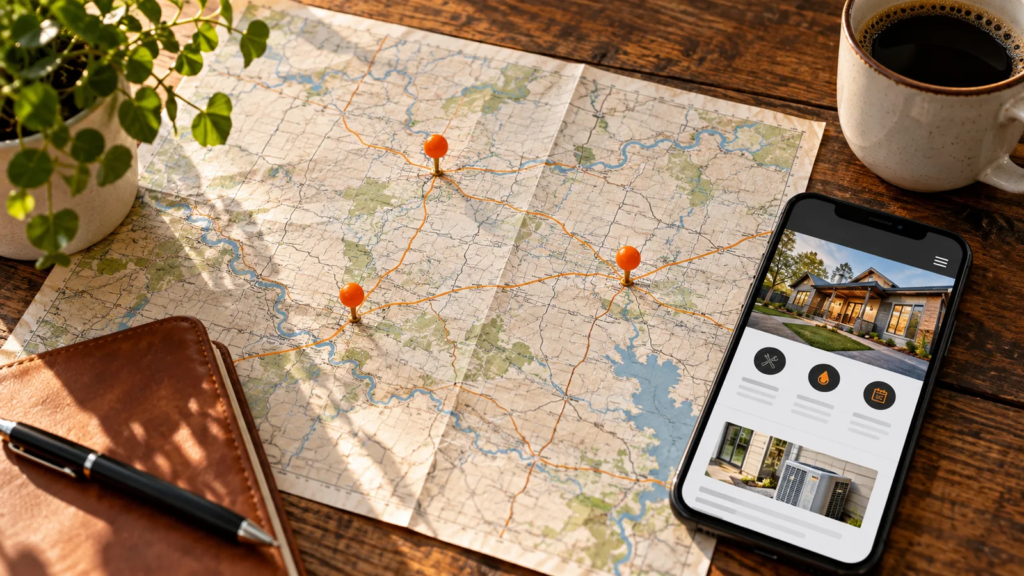 Concept image: Three orange pins on a conceptual road map beside a smartphone.