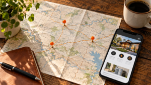 Concept image: Three orange pins on a conceptual road map beside a smartphone.
