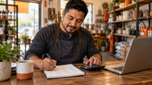 Concept image: Business owner reviewing a marketing budget with a calculator and notebook.