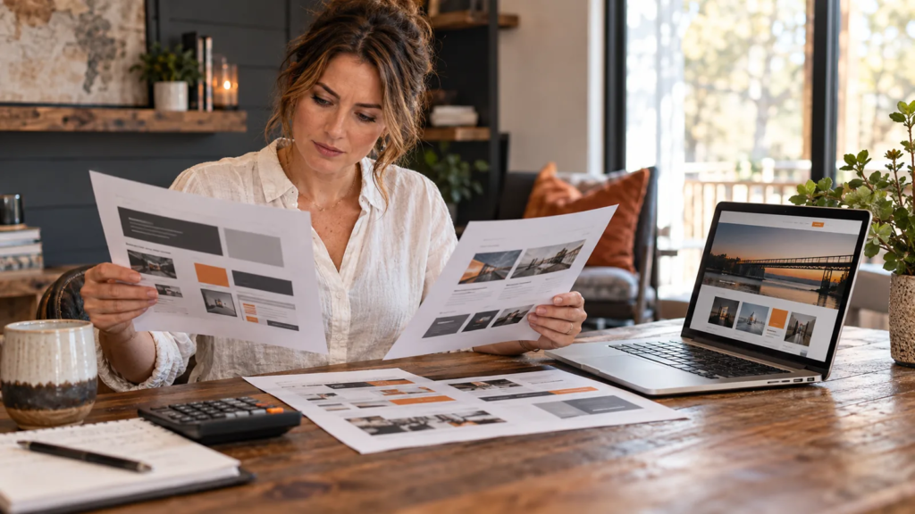 Concept image: Business owner comparing website proposals at a worktable.