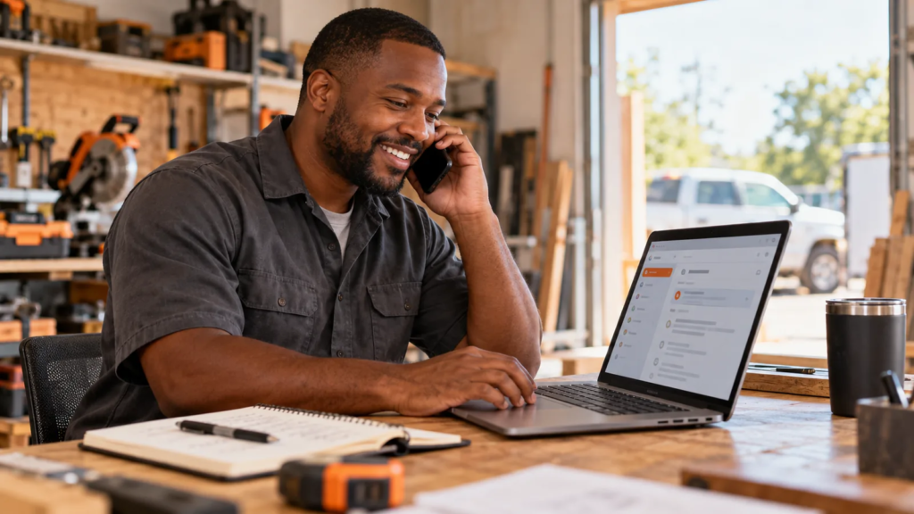 Concept image: Contractor calling a prospective customer while reviewing an inquiry.