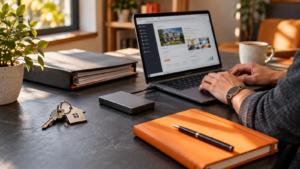 Concept image: Keys, account paperwork and a backup drive beside a laptop.