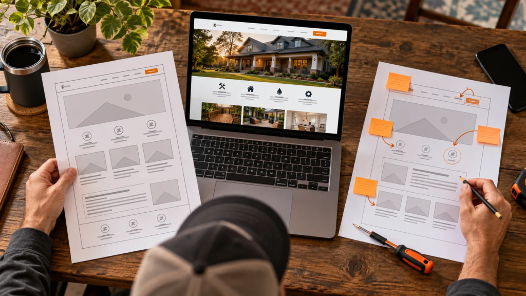 Concept image: Website wireframes and targeted improvement notes on a planning desk.