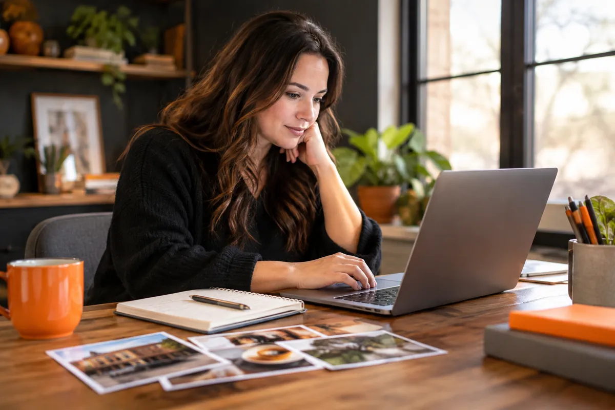 Content writer reviewing a draft on a laptop beside a notebook and business photographs.