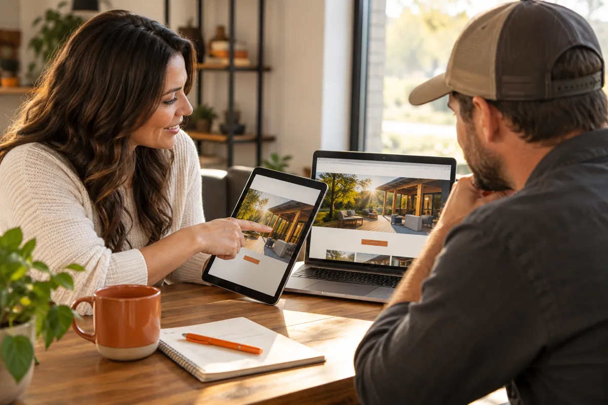Marketing specialist and business owner comparing an ad concept with its landing page.