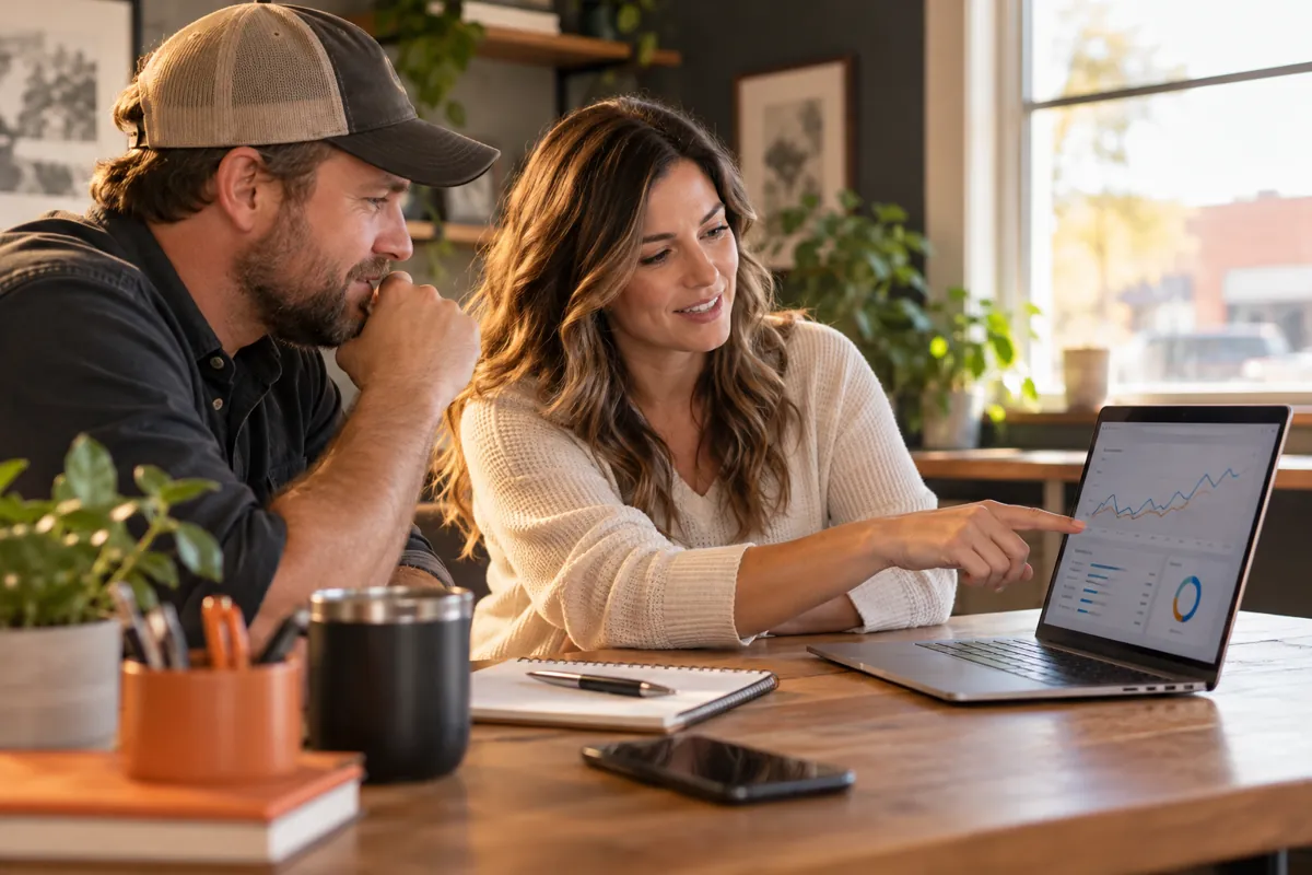 Business owner and marketing adviser reviewing search performance and website audit notes.