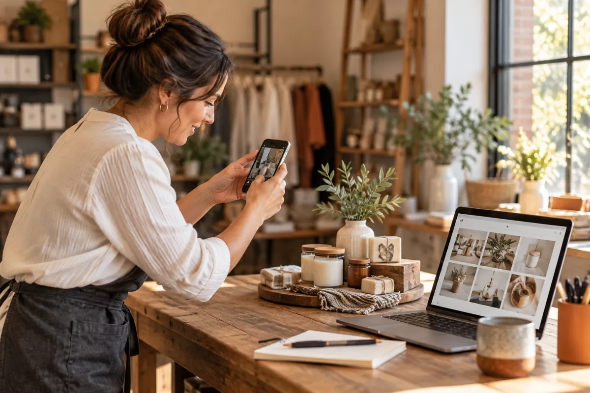 Shop owner photographing a product display with a smartphone for social media.