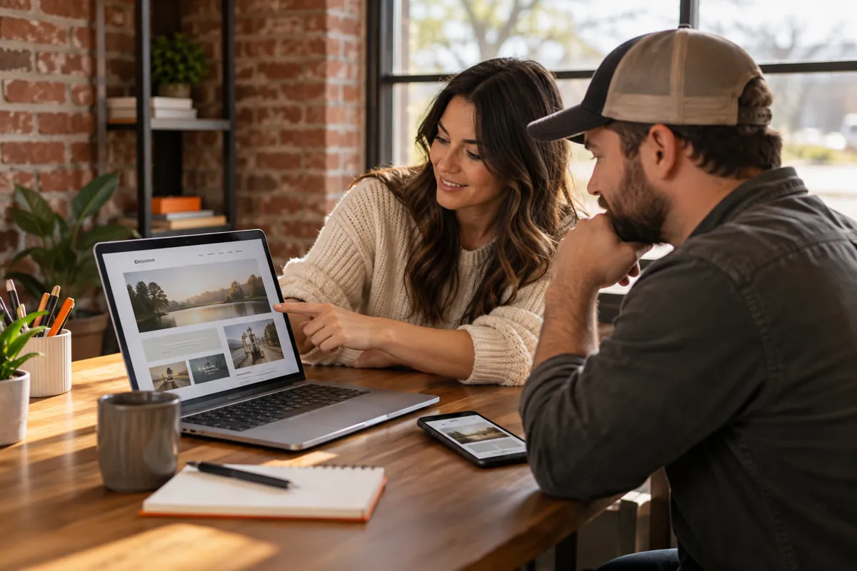 Web designer and business owner reviewing a website on a laptop with a smartphone beside it.
