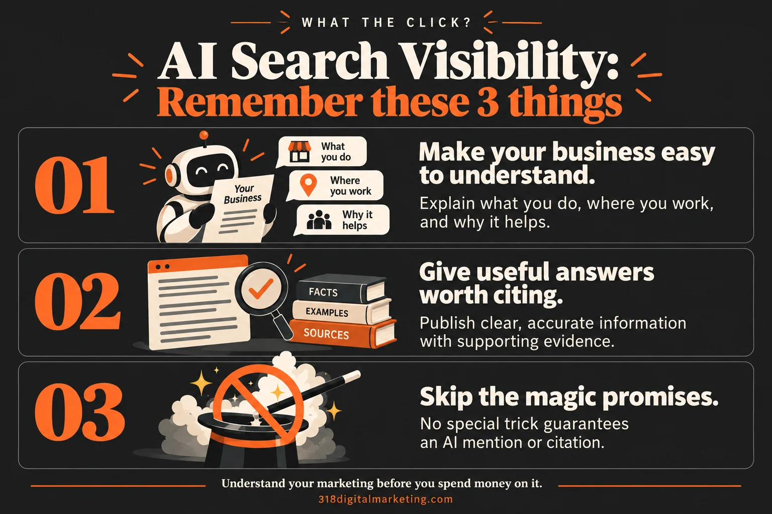 AI Search Visibility: Make your business easy to understand.; Give useful answers worth citing.; Skip the magic promises.