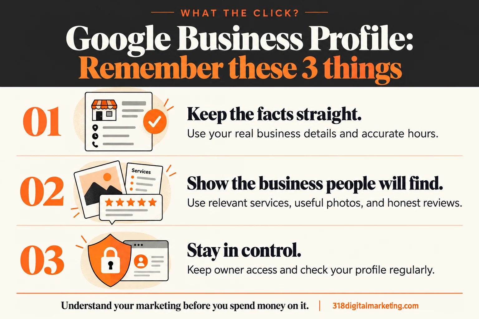 Google Business Profile: Keep the facts straight.; Show the business people will find.; Stay in control.