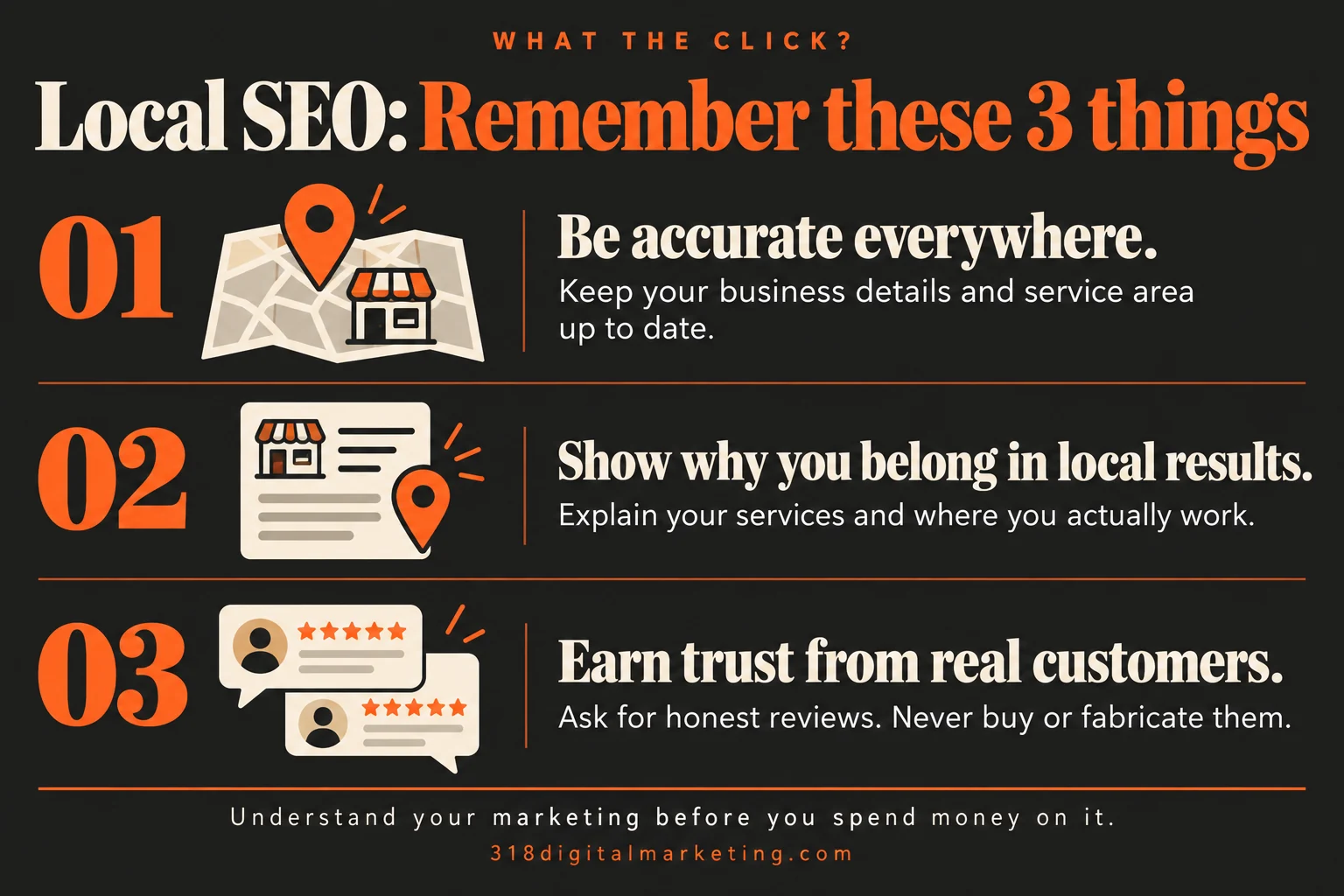 Local SEO: Be accurate everywhere.; Show why you belong in local results.; Earn trust from real customers.