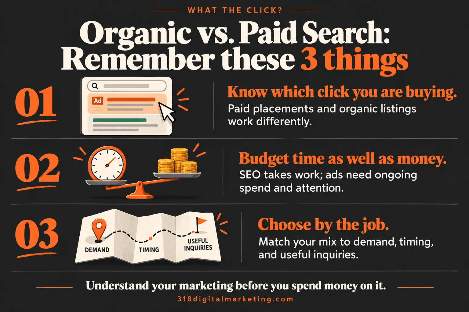 Organic vs. Paid Search: Know which click you are buying.; Budget time as well as money.; Choose by the job.